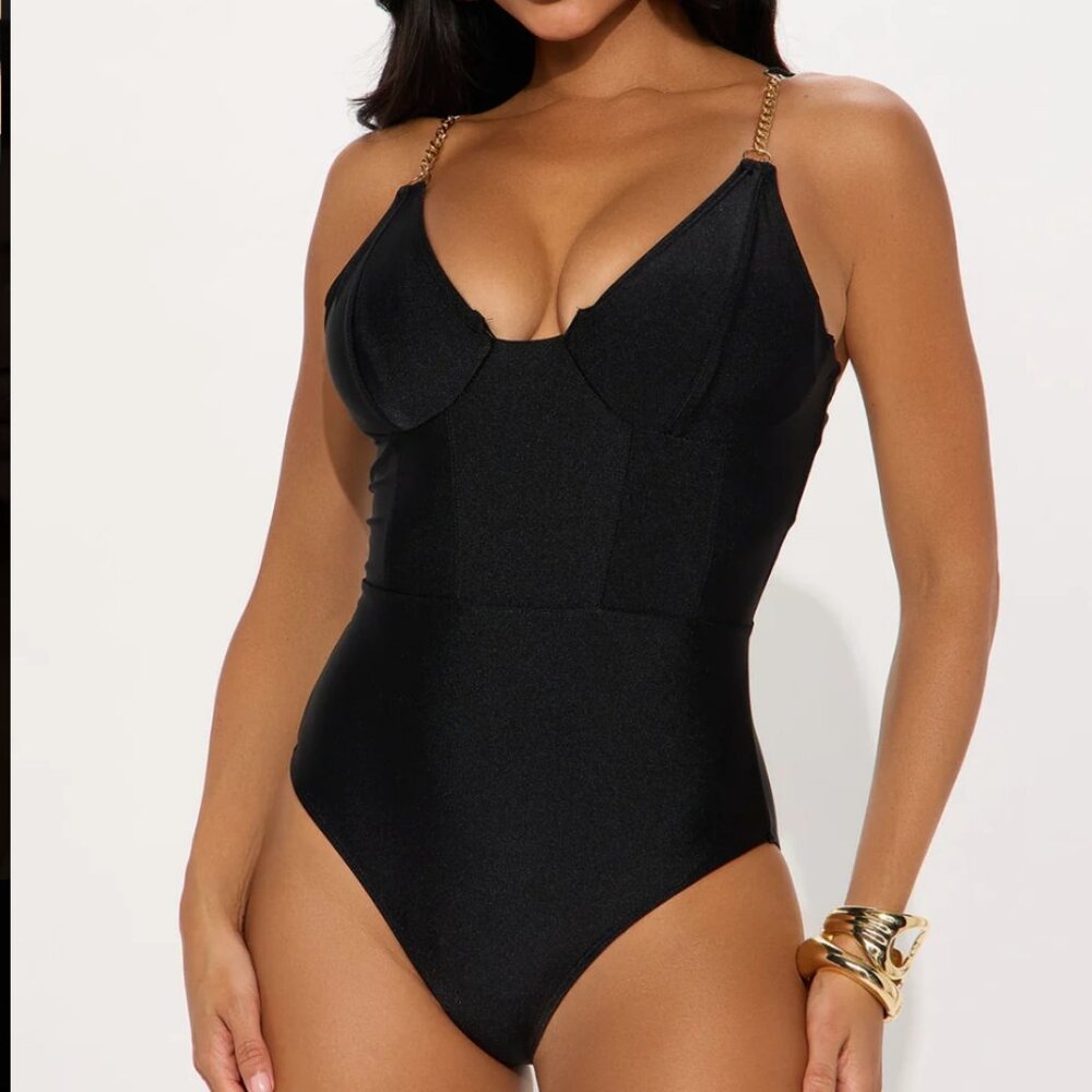 Corset Chain Strap Underwire 1 Piece Swimsuit - Black